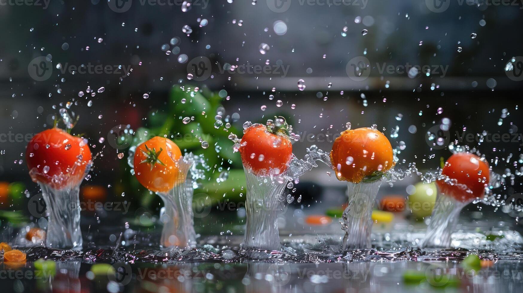 Fresh tomatoes splashing into water, showcasing vibrant colors and dynamic movement. photo