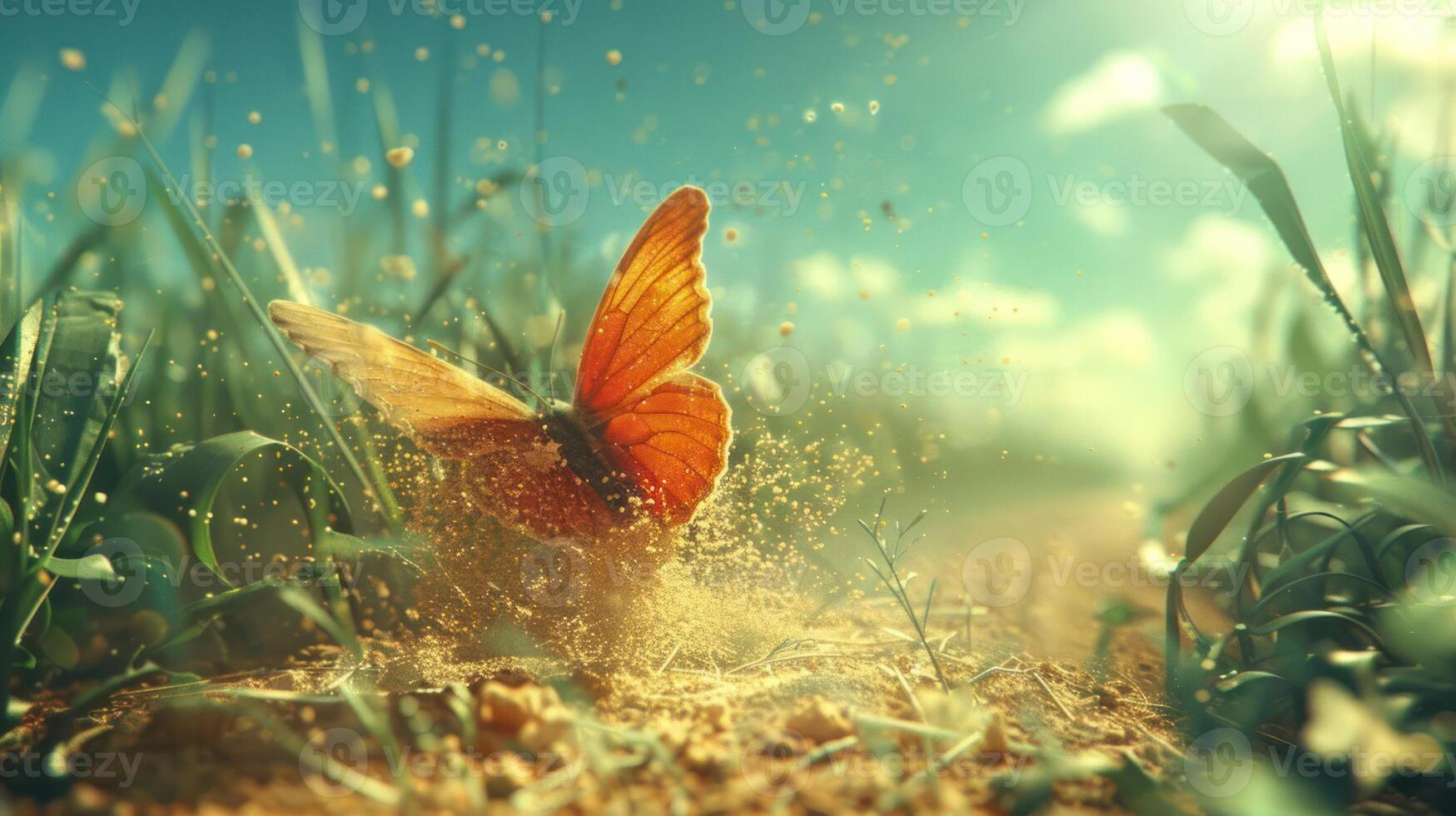A vibrant butterfly flutters above a sunlit, dusty path surrounded by lush grass. photo
