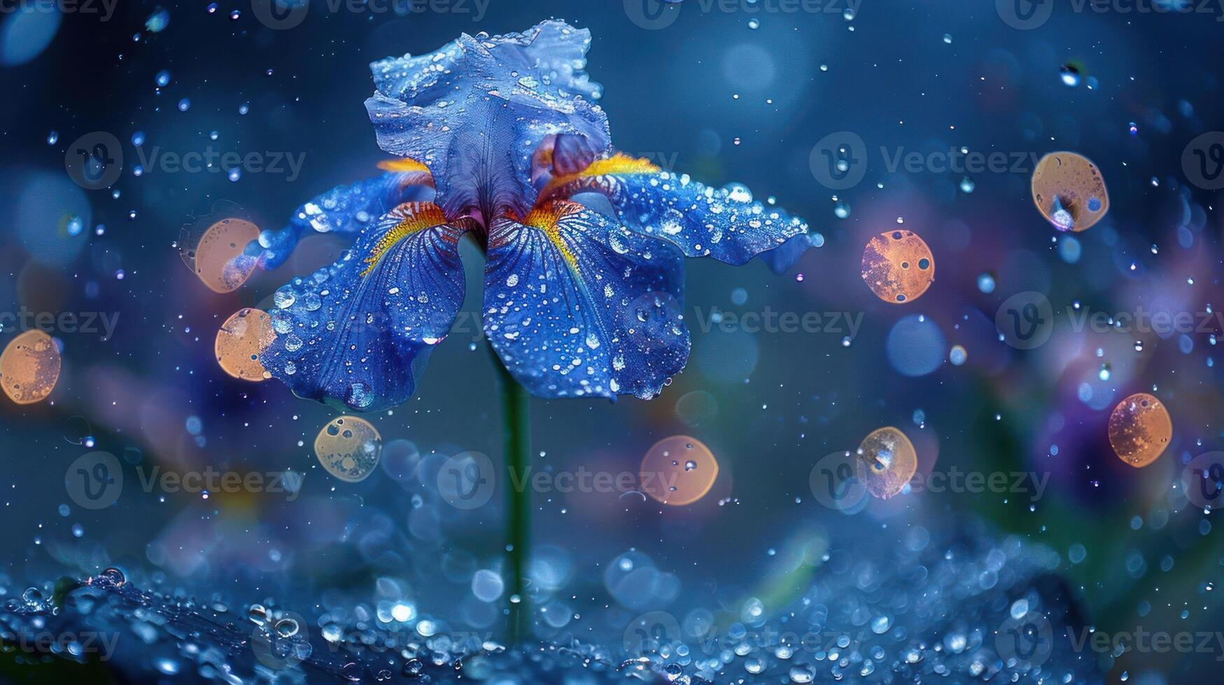 A vibrant blue iris flower adorned with raindrops, set against a blurred, colorful background. photo