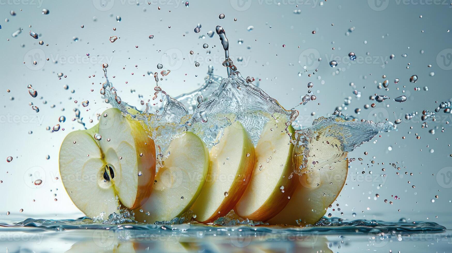 Sliced apples create a splash in water, showcasing freshness and vitality. photo