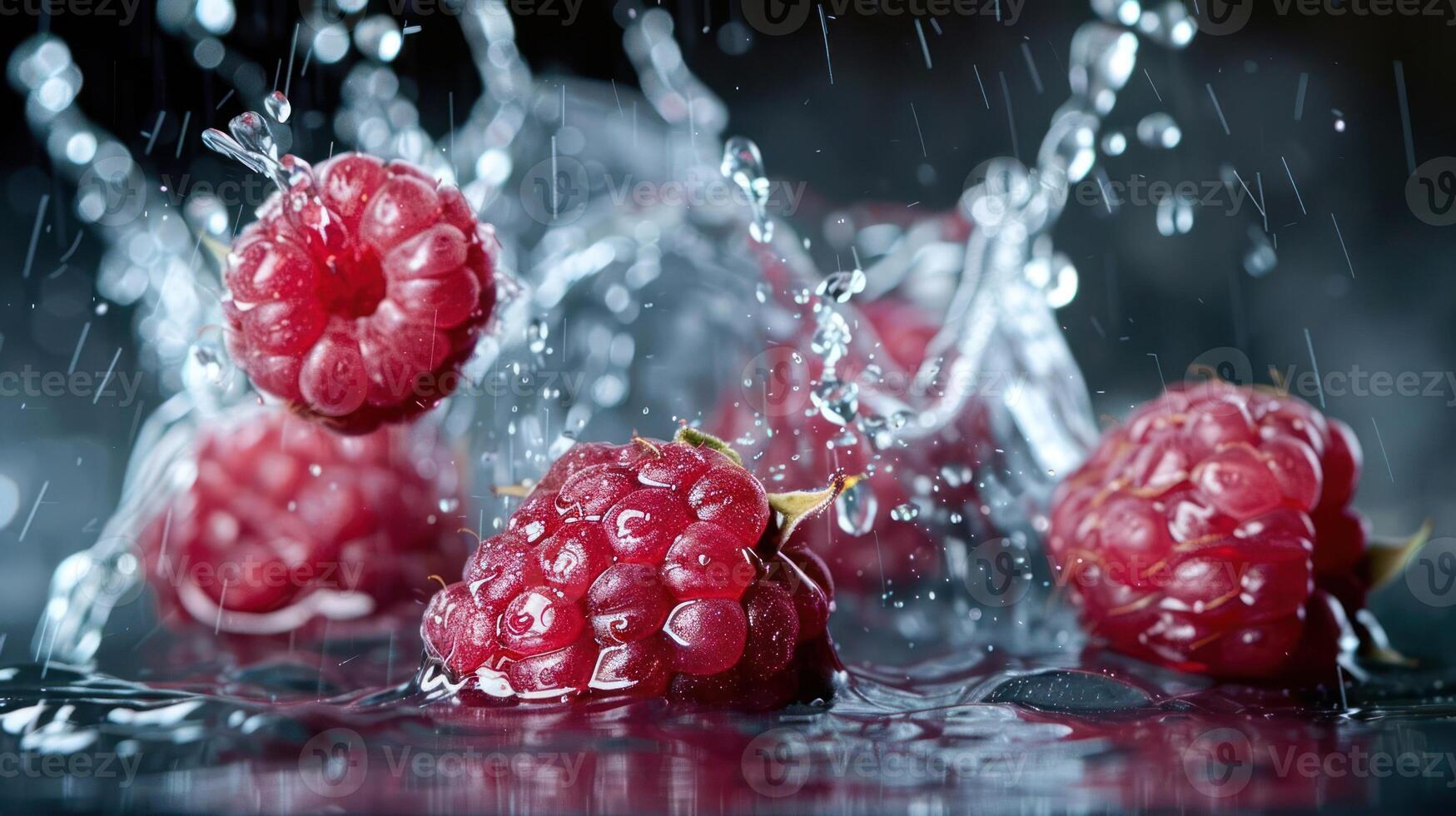 Fresh raspberries splashing into water, showcasing vibrant colors and dynamic movement. photo