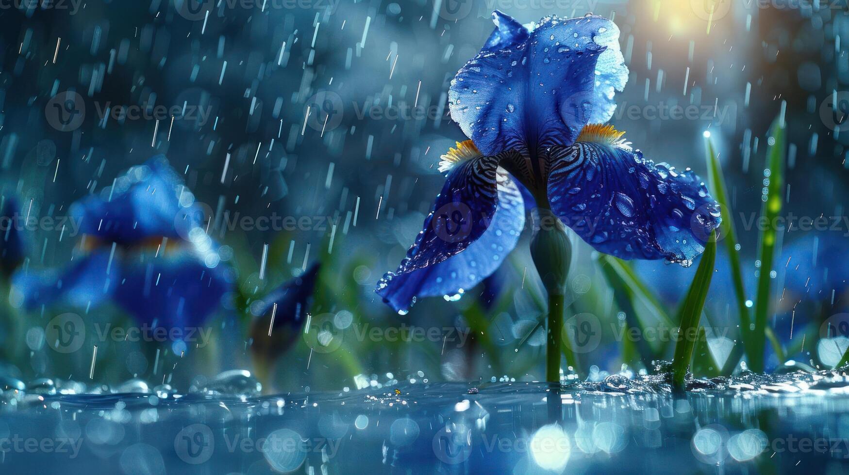 A close-up of a blue iris flower in the rain, showcasing droplets and vibrant colors. photo