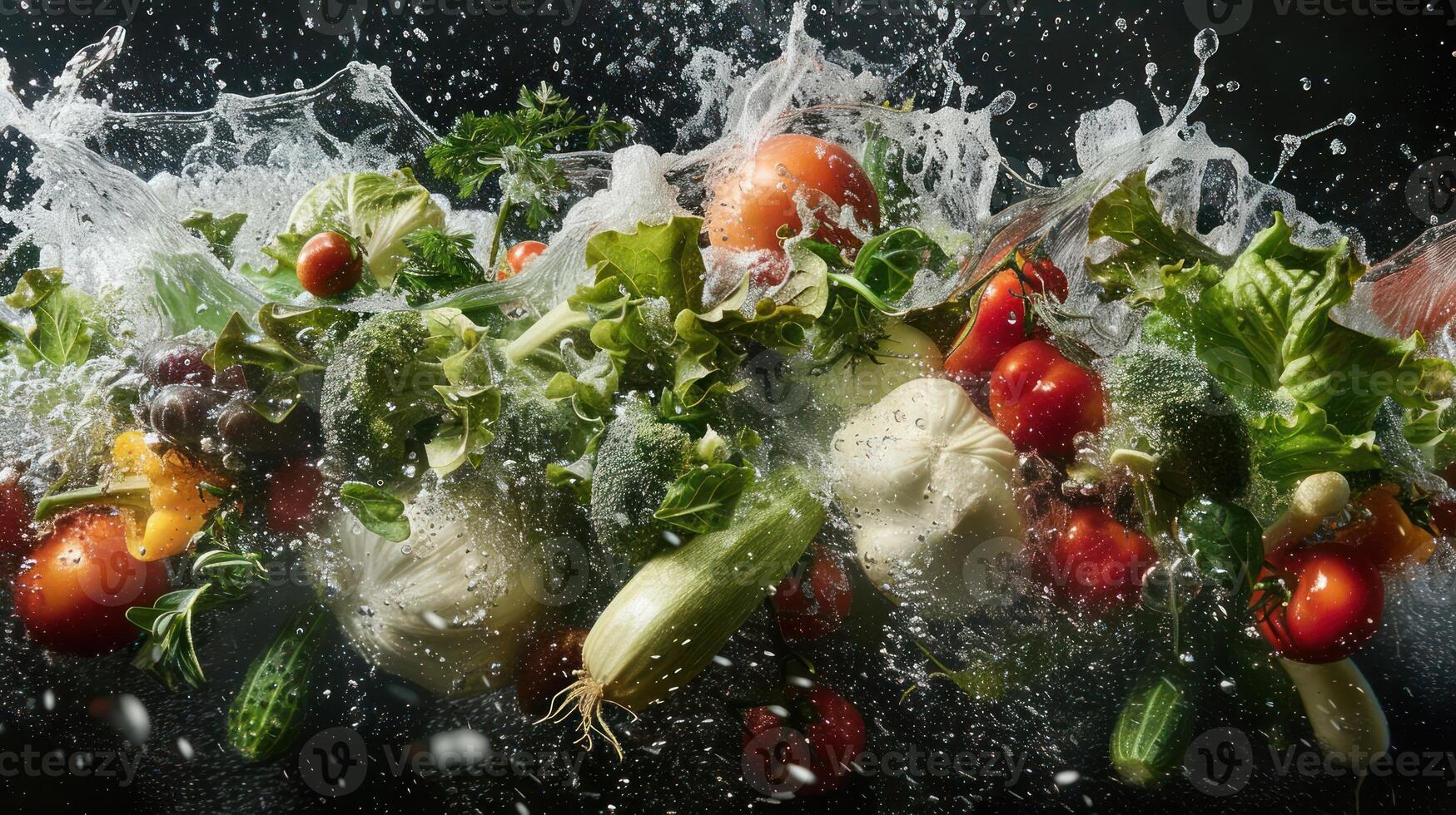 A dynamic splash of fresh vegetables and herbs in water, showcasing vibrant colors and textures. photo