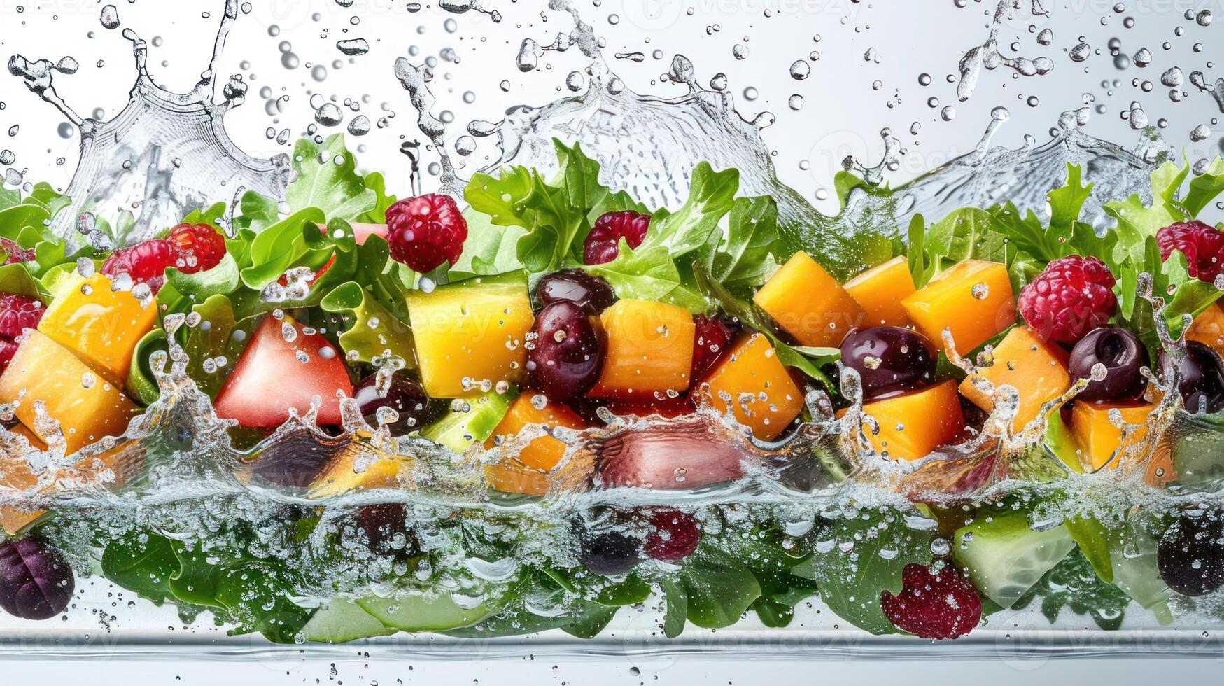 Fresh salad with colorful fruits splashing in water, showcasing freshness and vitality. photo