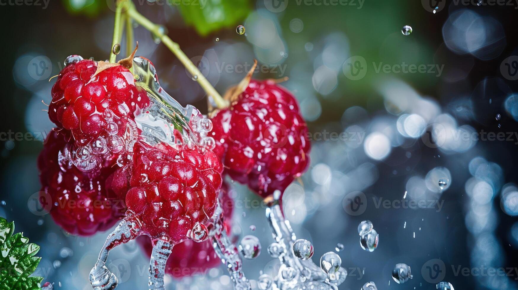 Fresh raspberries splashing in water, showcasing their vibrant color and texture. photo