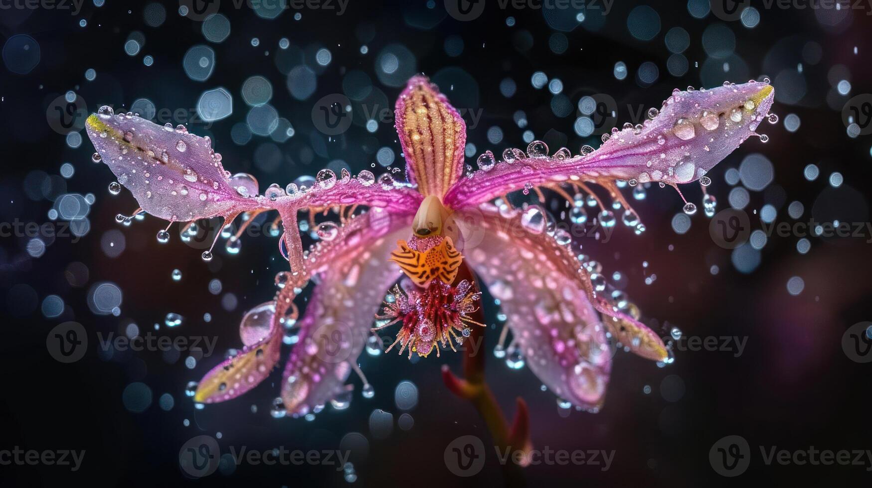 A close-up of a pink orchid adorned with water droplets against a blurred background. photo