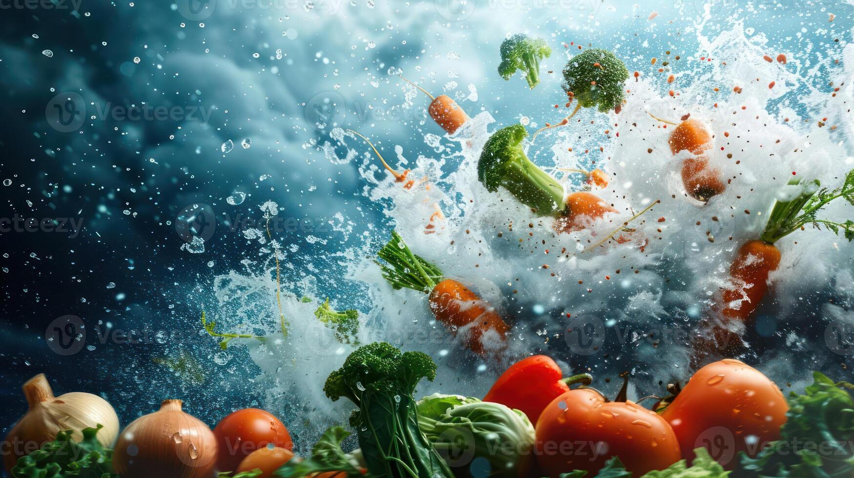 A dynamic splash of fresh vegetables amidst a stormy backdrop, emphasizing freshness and vitality. photo