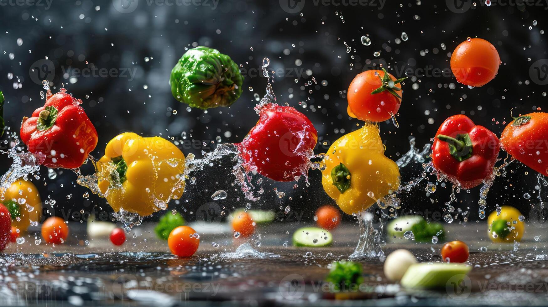 Vibrant vegetables splashing in water, showcasing freshness and culinary inspiration. photo