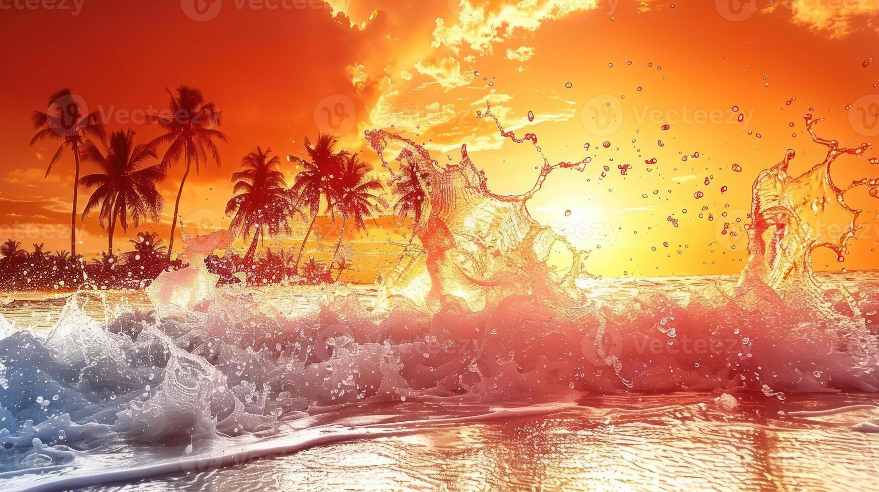 A vibrant sunset over a beach, with splashing waves and palm trees silhouetted. photo