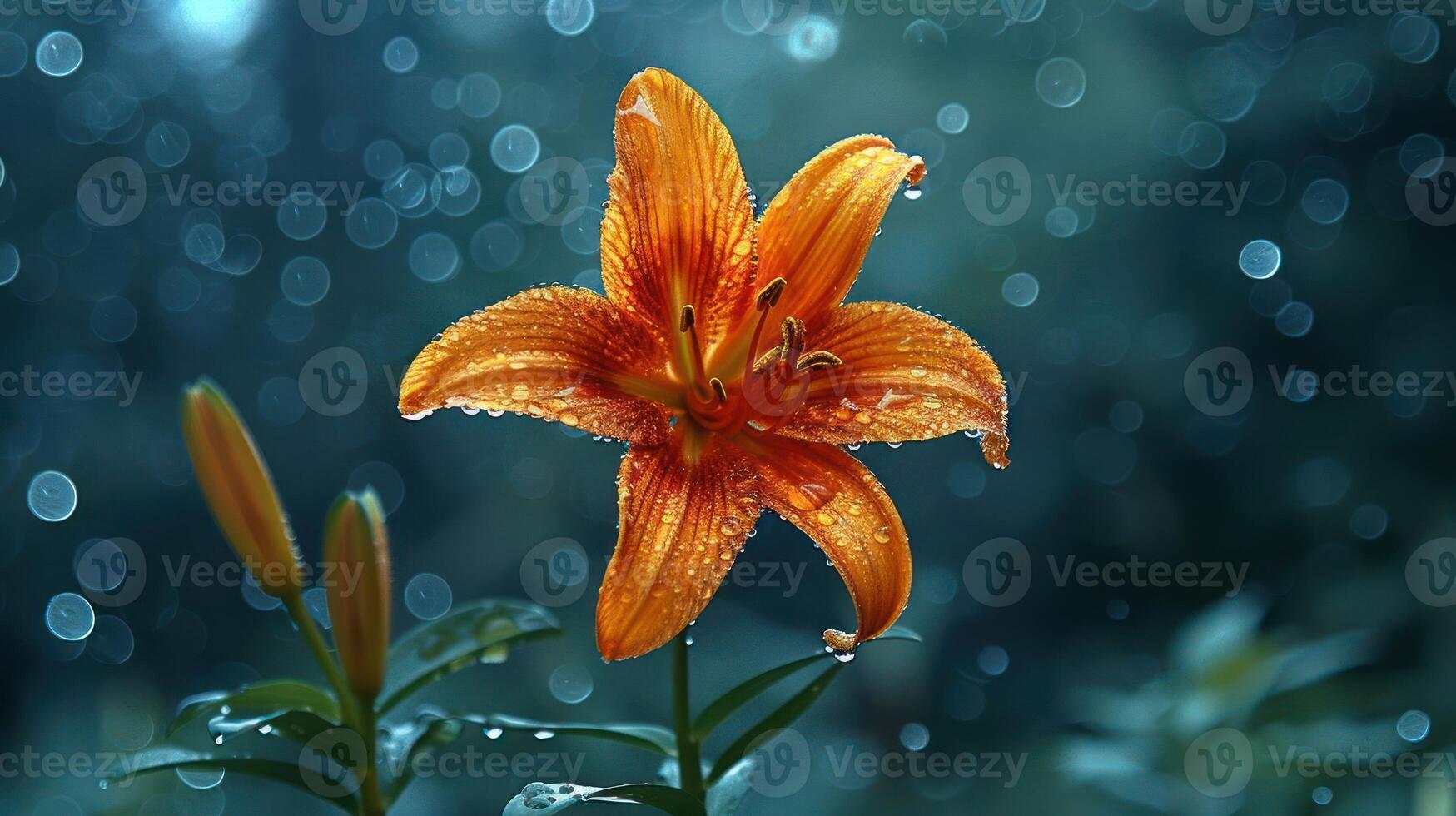 A vibrant orange lily flower adorned with raindrops, set against a blurred background. photo