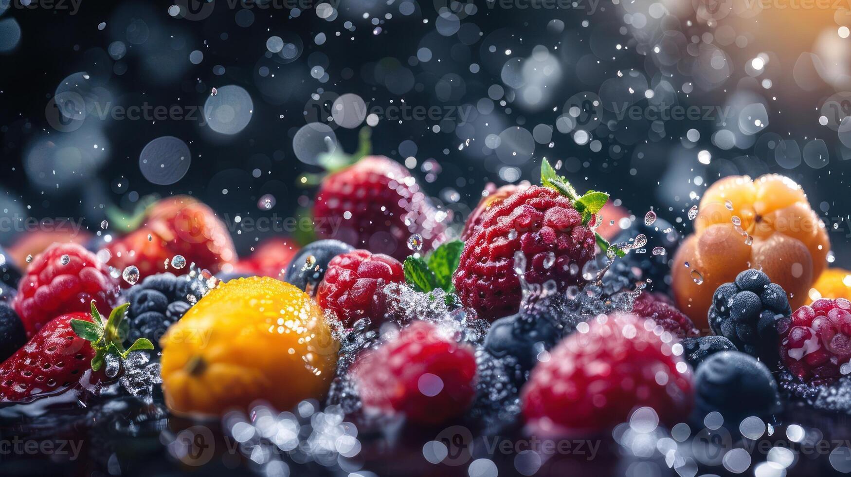 A vibrant splash of assorted berries and fruits, highlighting freshness and vitality. photo