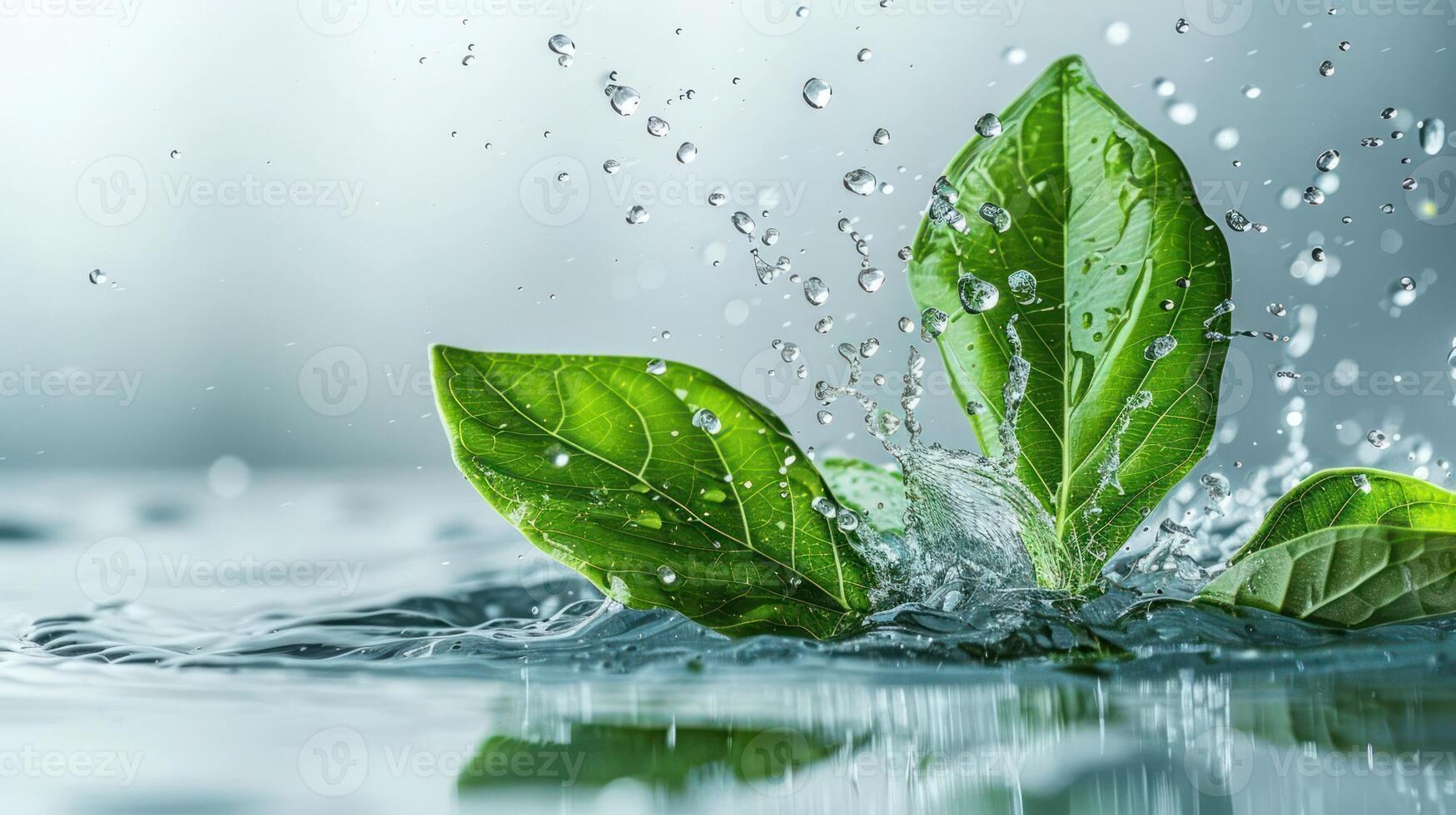 Fresh green leaves splashing in water, symbolizing nature and vitality. photo
