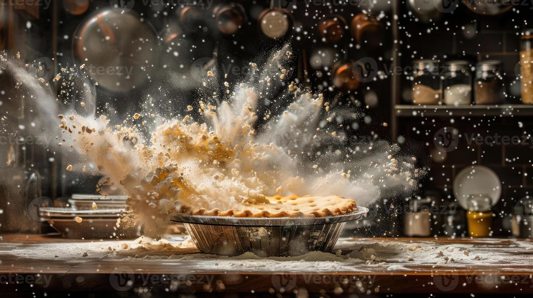 A pie explodes in a kitchen, creating a cloud of flour and debris. photo