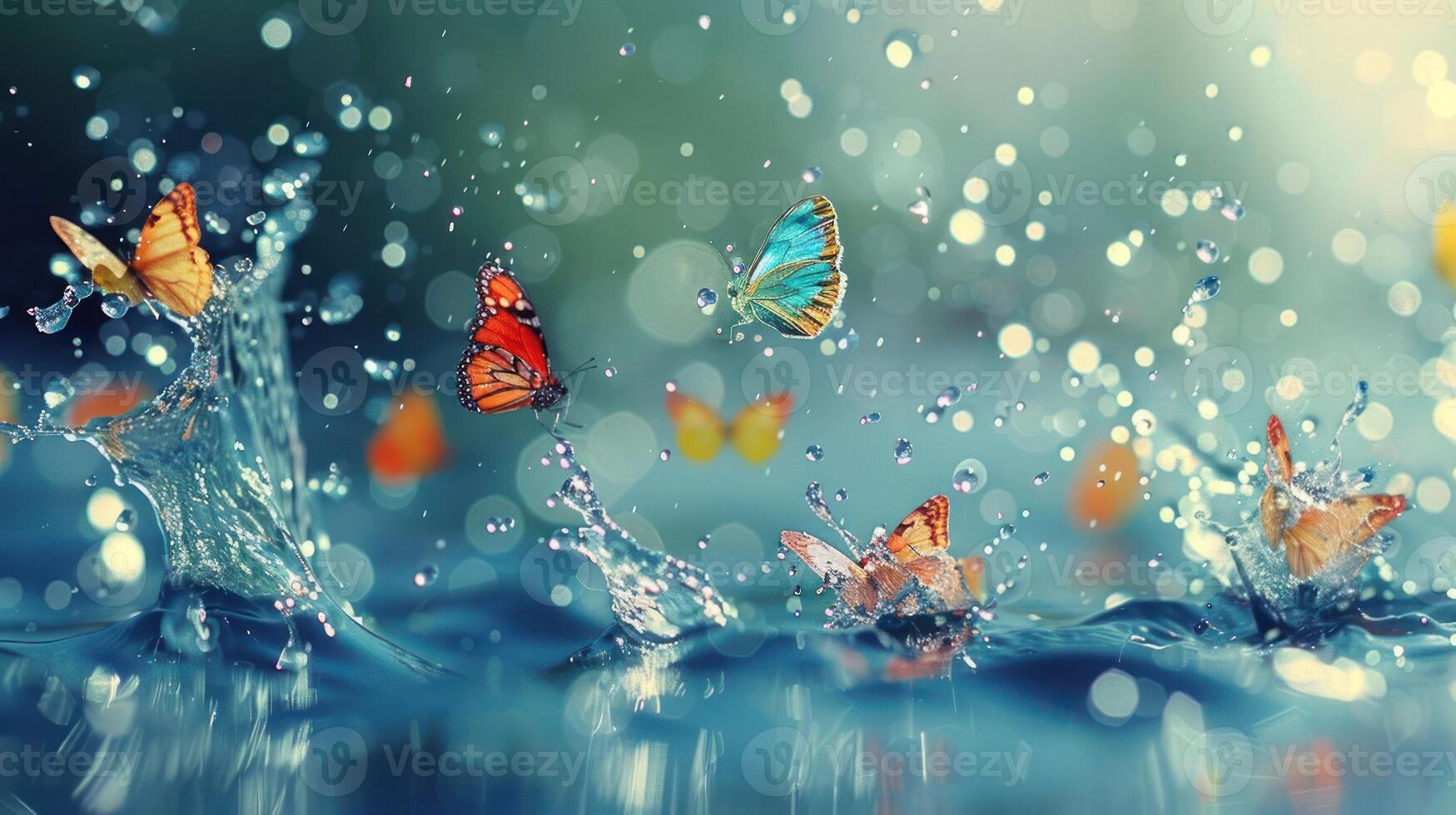 Colorful butterflies splashing in water, creating a magical and serene atmosphere. photo