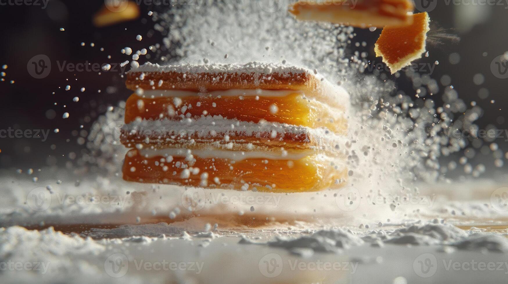 A stack of layered pastries dusted with powdered sugar, captured mid-air for a dramatic effect. photo