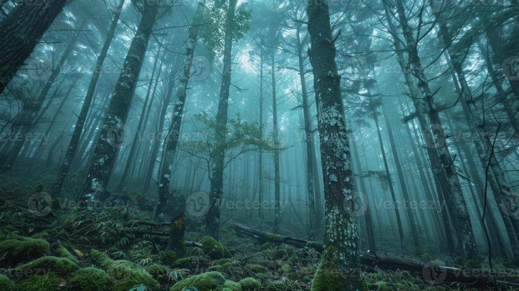 A misty forest with tall trees and lush greenery, evoking a serene, tranquil atmosphere. photo