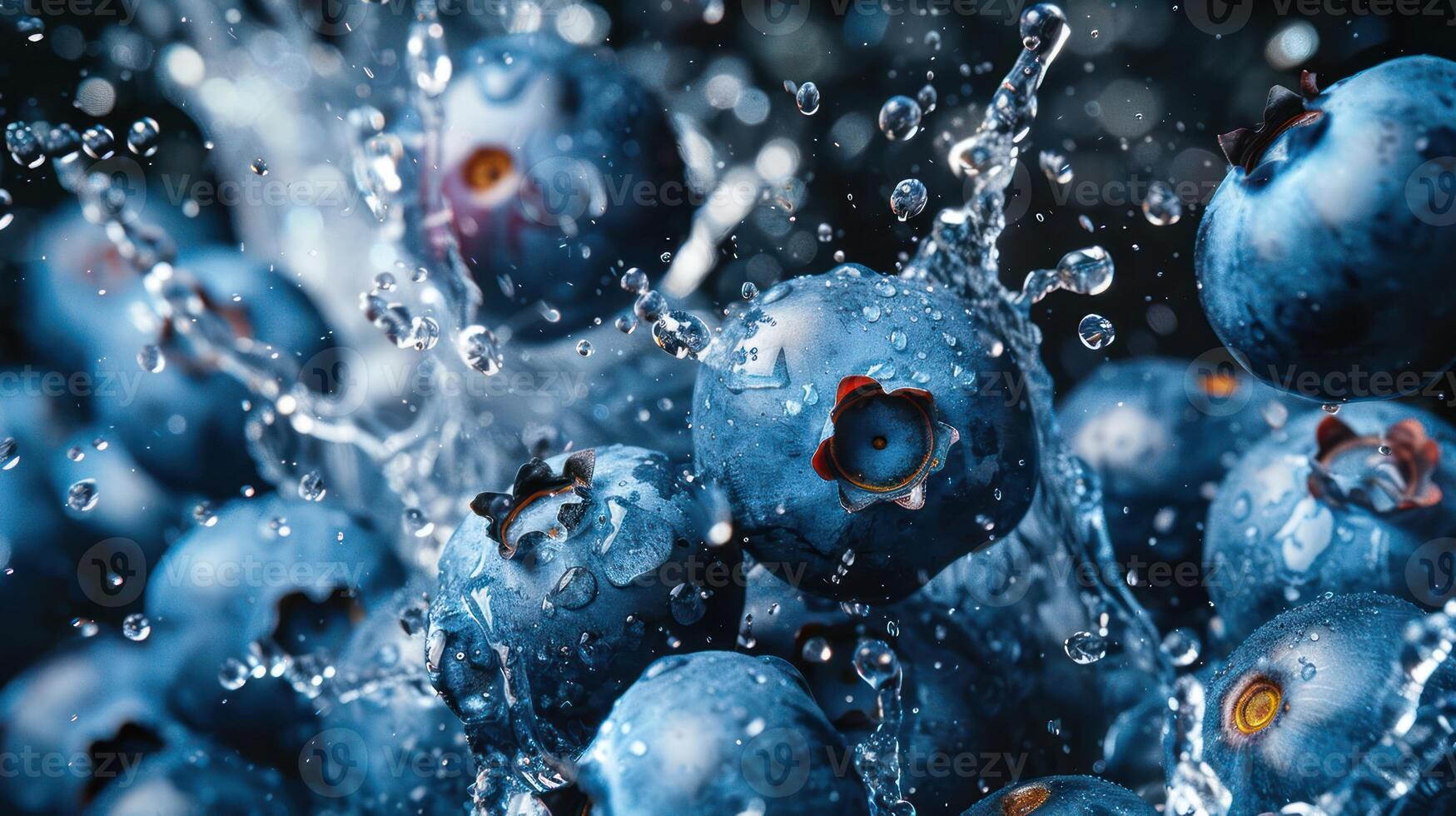 Close-up of blueberries splashing in water, showcasing freshness and vitality. photo