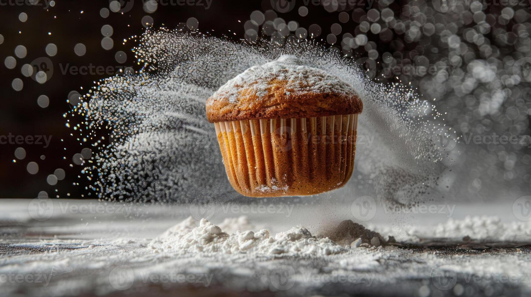 A floating muffin surrounded by a cloud of flour, showcasing baking and culinary art. photo
