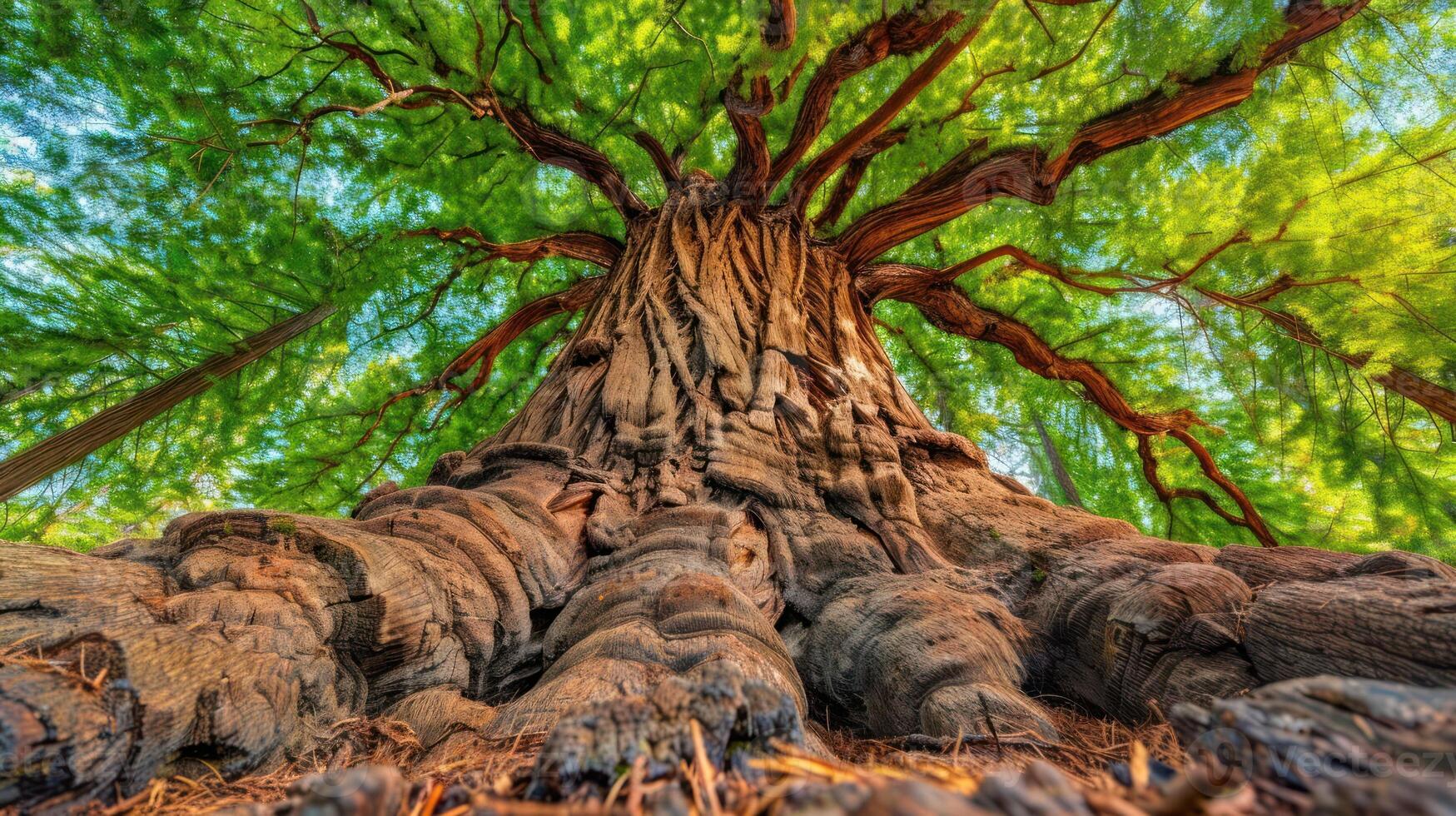 A majestic tree viewed from below, showcasing its textured trunk and vibrant green canopy. photo