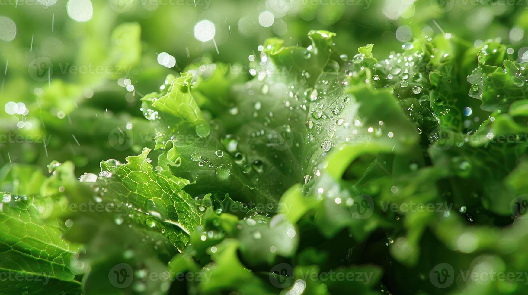 Fresh green lettuce leaves glistening with water droplets in a vibrant, natural setting. photo