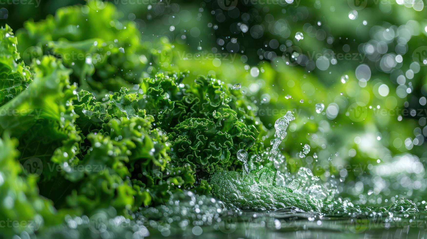 Fresh, vibrant lettuce leaves with water droplets, showcasing freshness and health. photo