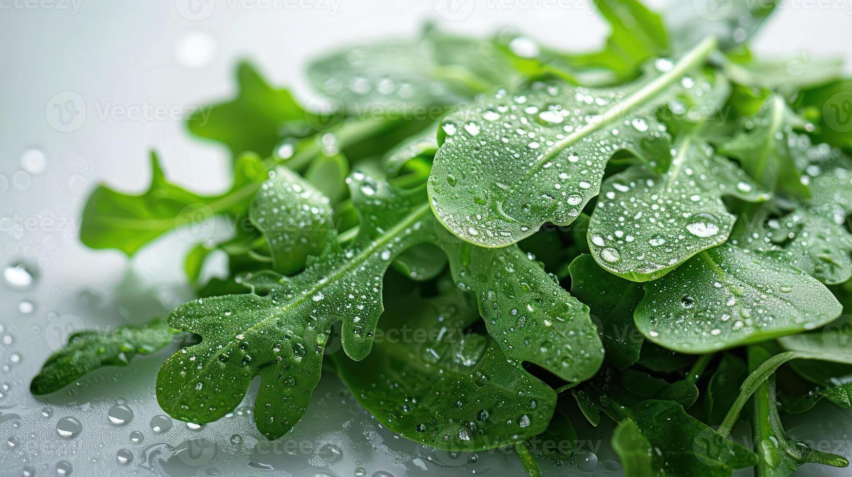 Fresh arugula leaves with droplets of water, showcasing their freshness and vitality. photo