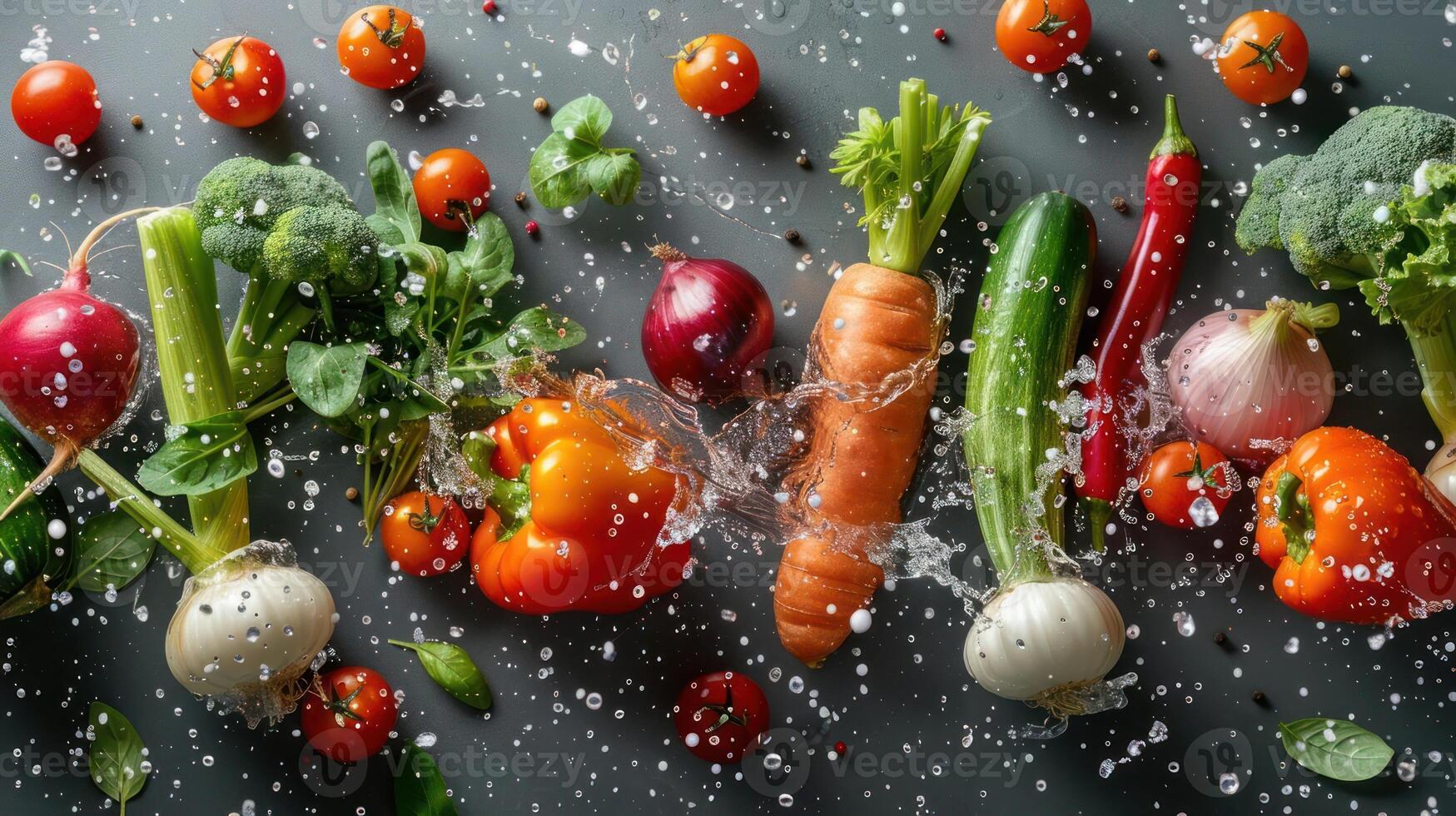 A vibrant display of fresh vegetables splashing in water, highlighting healthy eating. photo