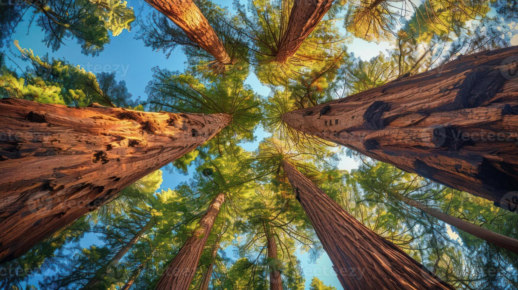 A breathtaking view of towering trees reaching towards the sky in a lush forest. photo