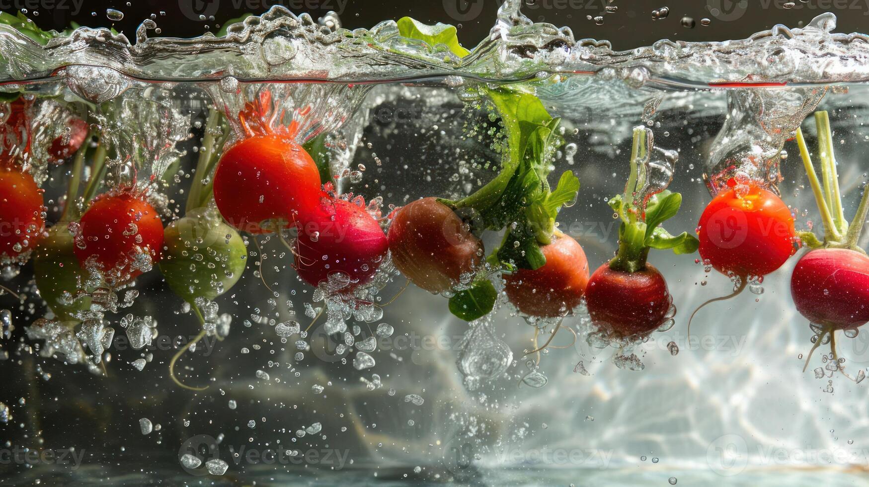 Fresh radishes splashing into water, showcasing vibrant colors and textures. photo