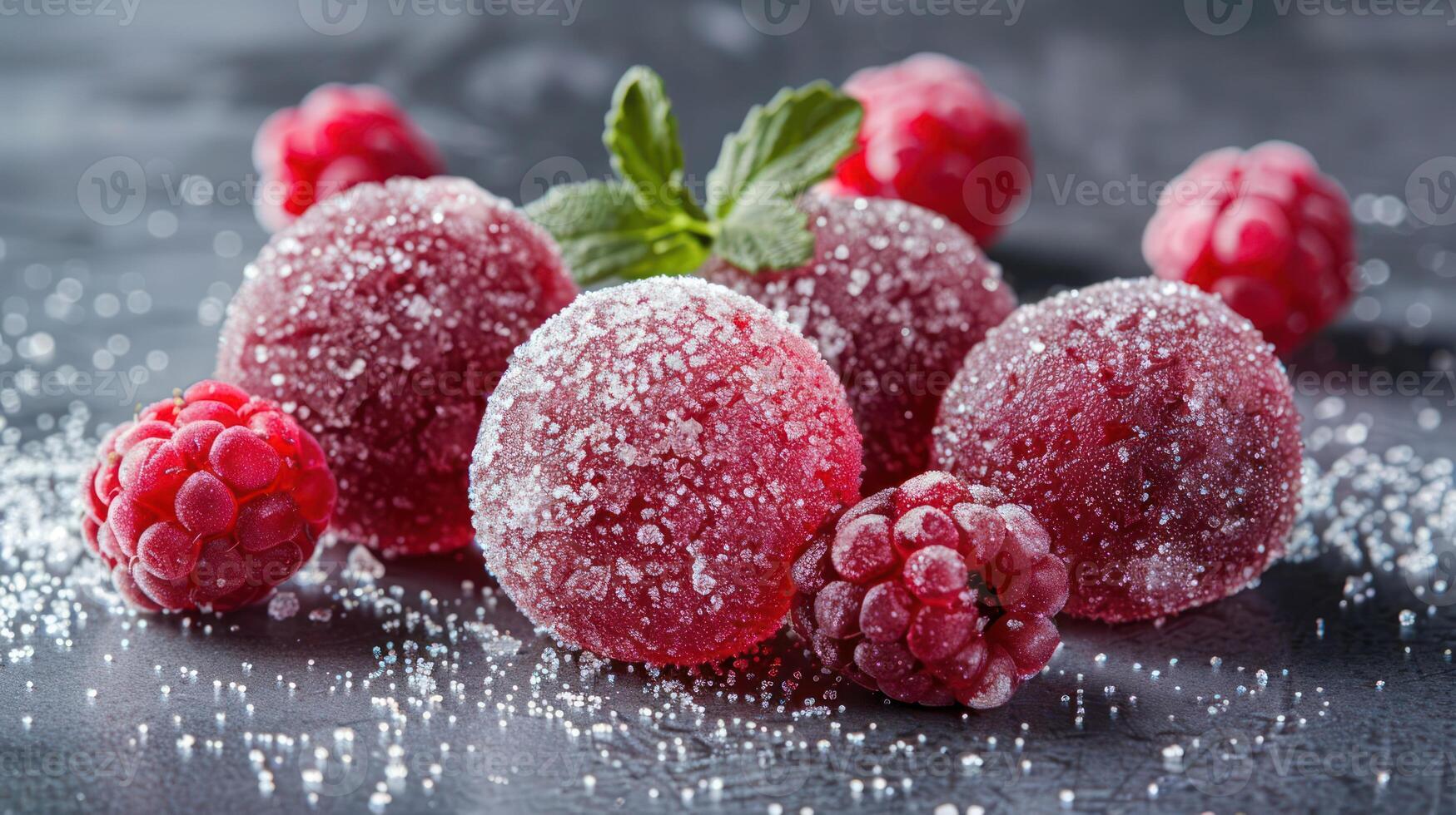 A close-up of sugared raspberry candies with fresh raspberries and mint leaves. photo
