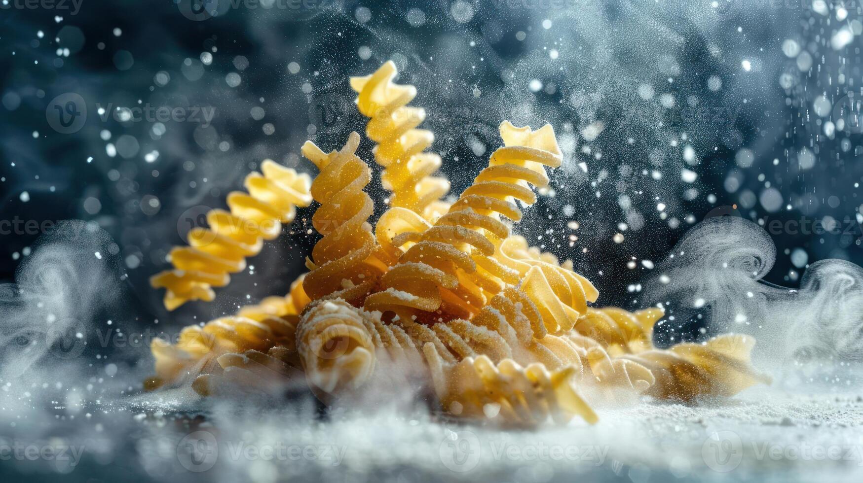 A dynamic shot of uncooked pasta spirals surrounded by mist and steam. photo