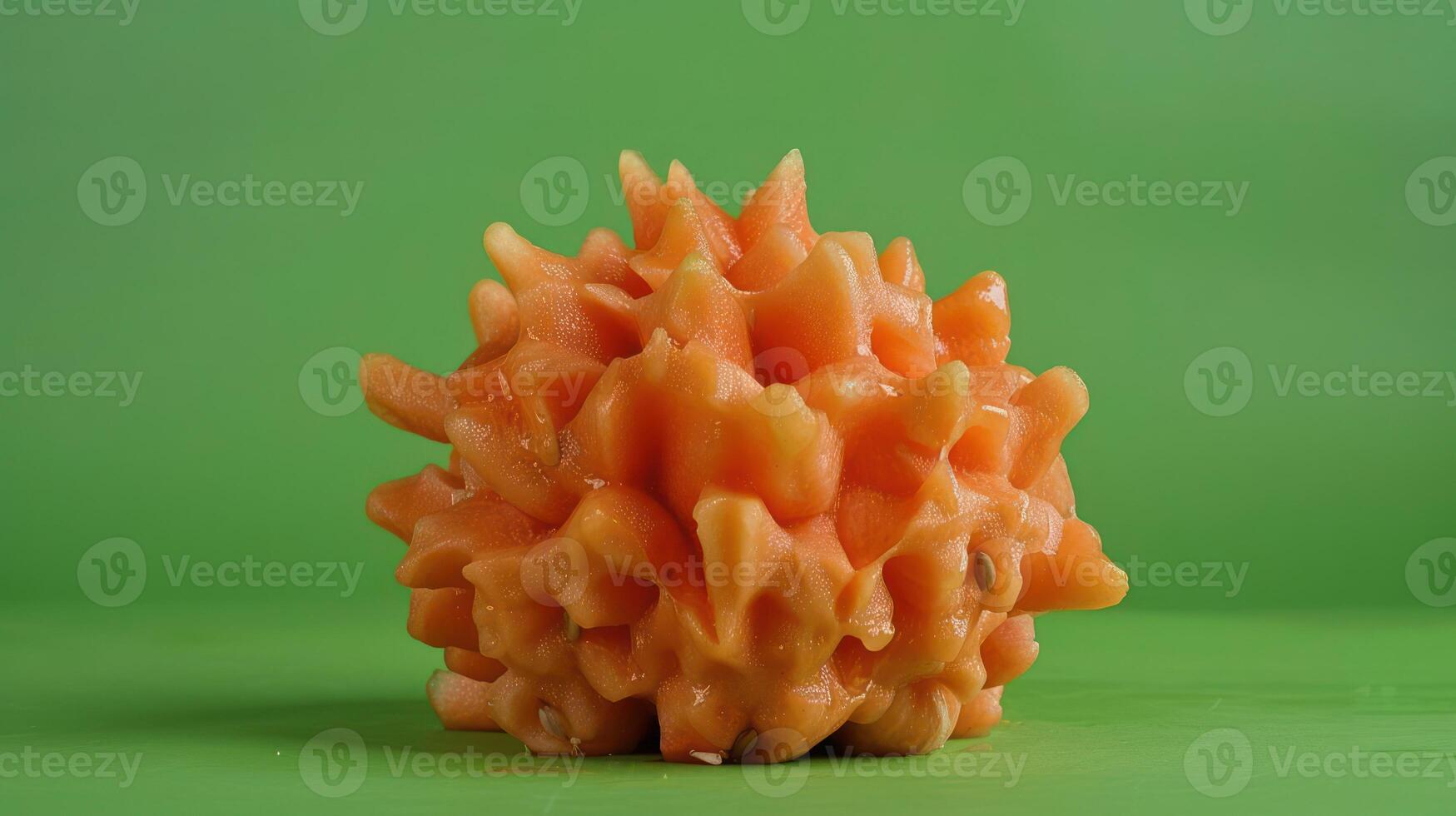A spiky, orange object resembling a sea creature against a green background. photo
