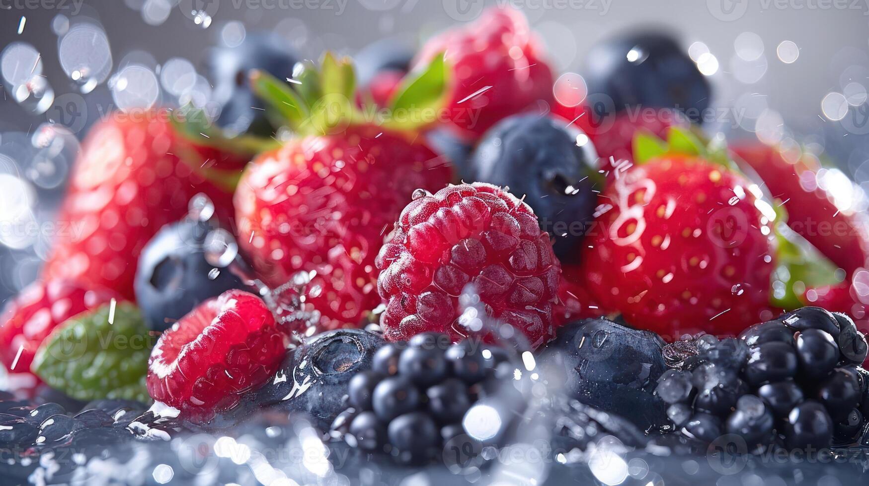 A close-up of fresh berries splashing in water, highlighting their vibrant colors and textures. photo