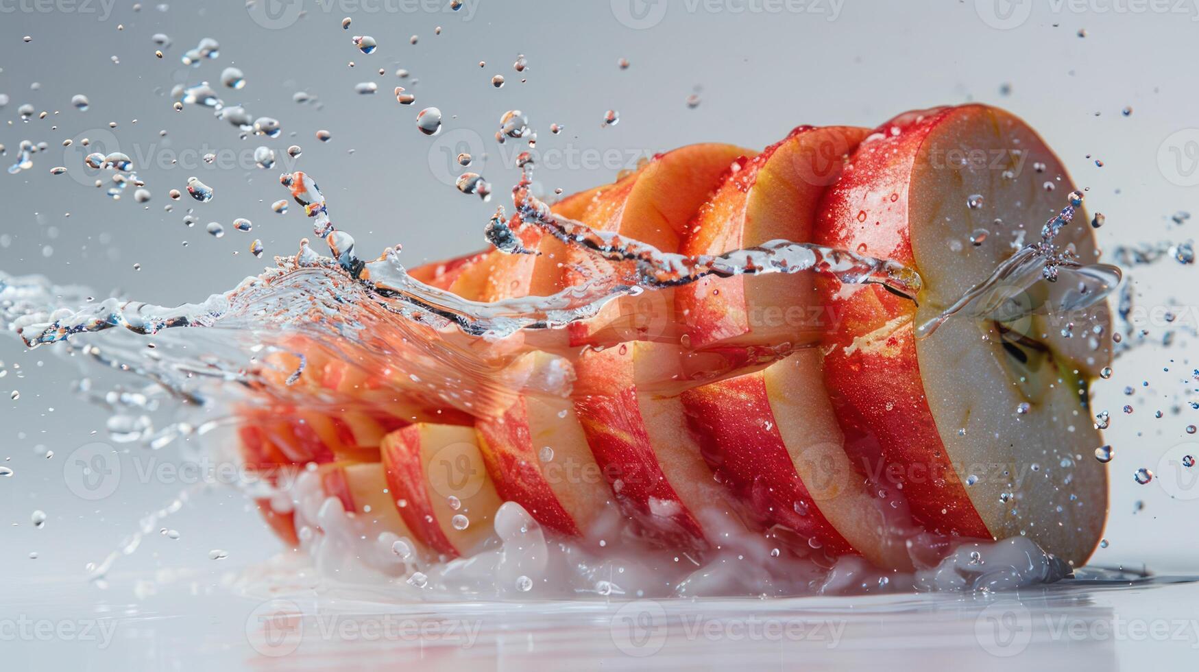 A sliced apple splashes into water, showcasing freshness and vitality. photo
