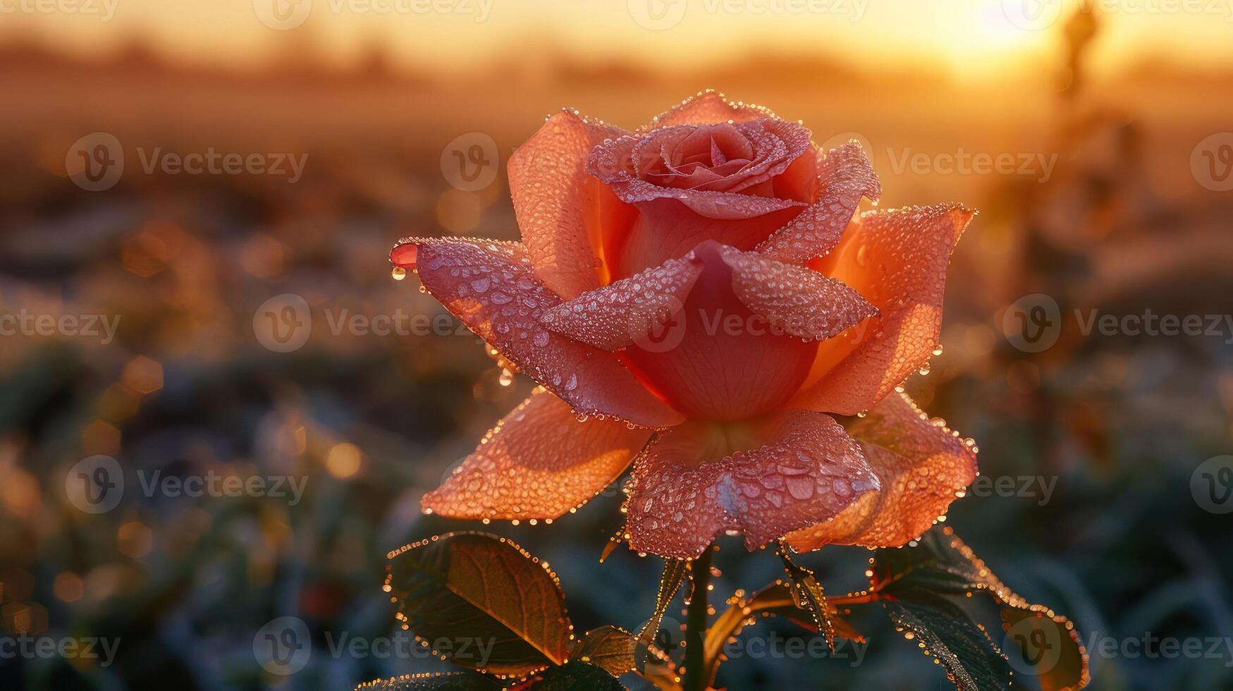 A close-up of a dew-covered pink rose illuminated by morning sunlight. photo