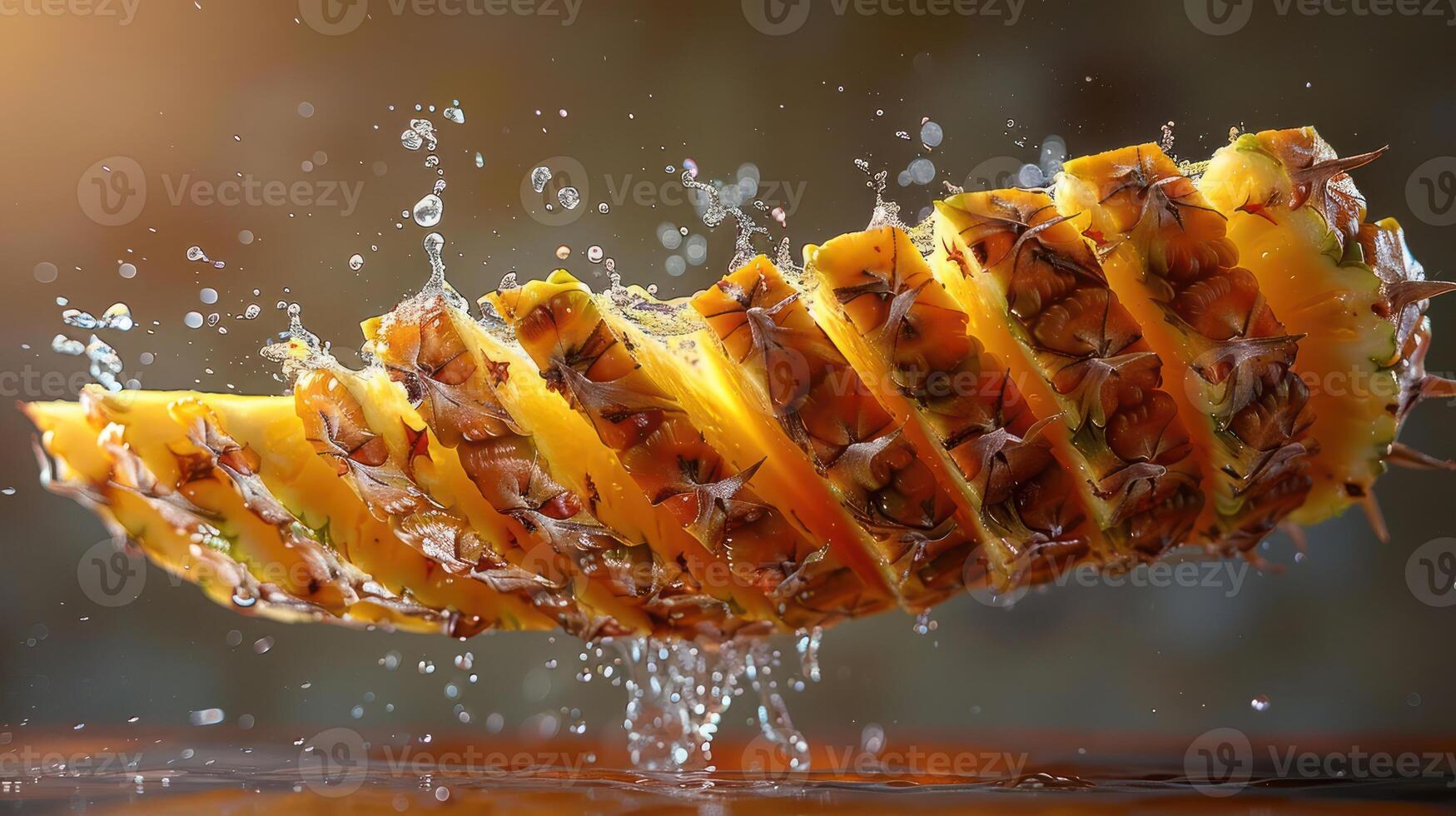 A sliced pineapple splashing in water, showcasing freshness and vibrancy. photo