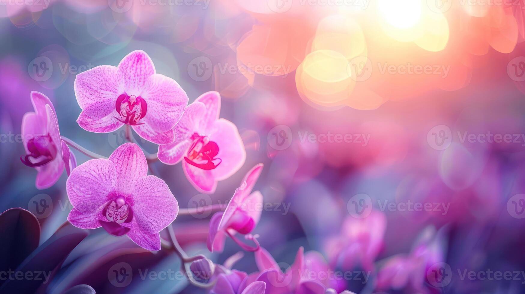 A close-up of vibrant pink orchids against a soft, blurred background of warm colors. photo