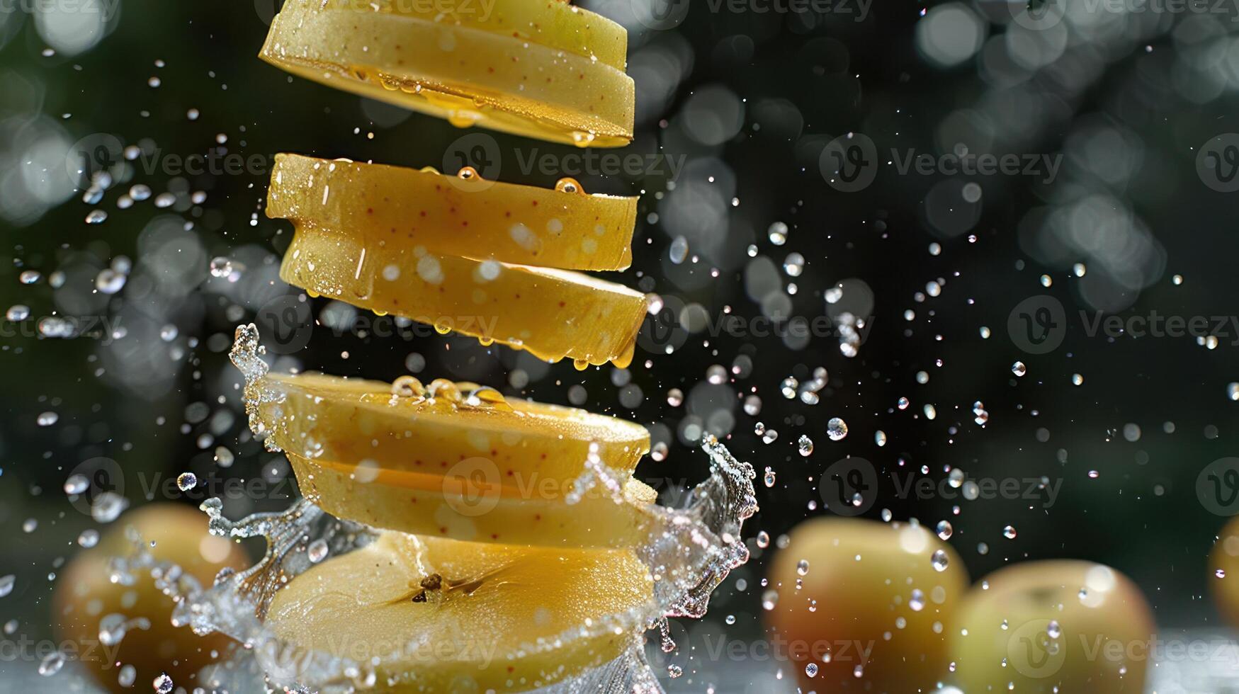 Sliced apples suspended in water droplets, creating a dynamic and refreshing visual. photo
