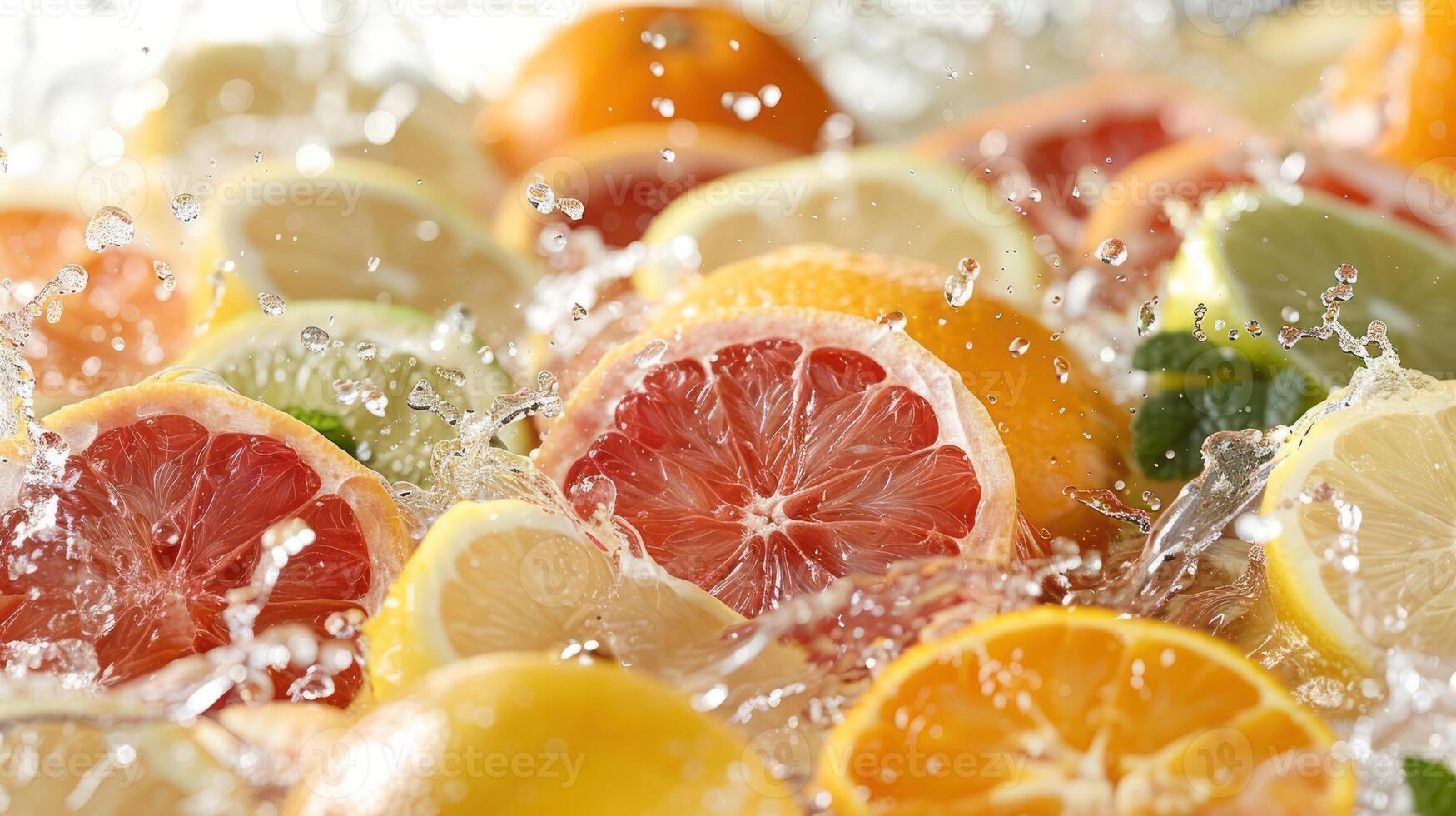 A vibrant splash of citrus fruits, showcasing freshness and vitality. photo