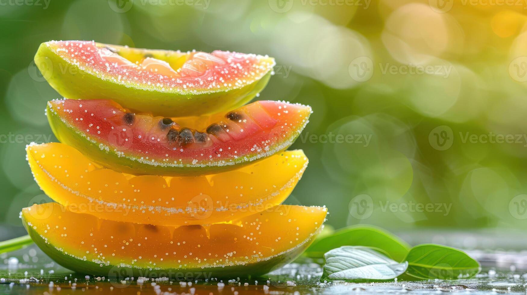 A colorful stack of sliced melons with salt, set against a blurred natural background. photo