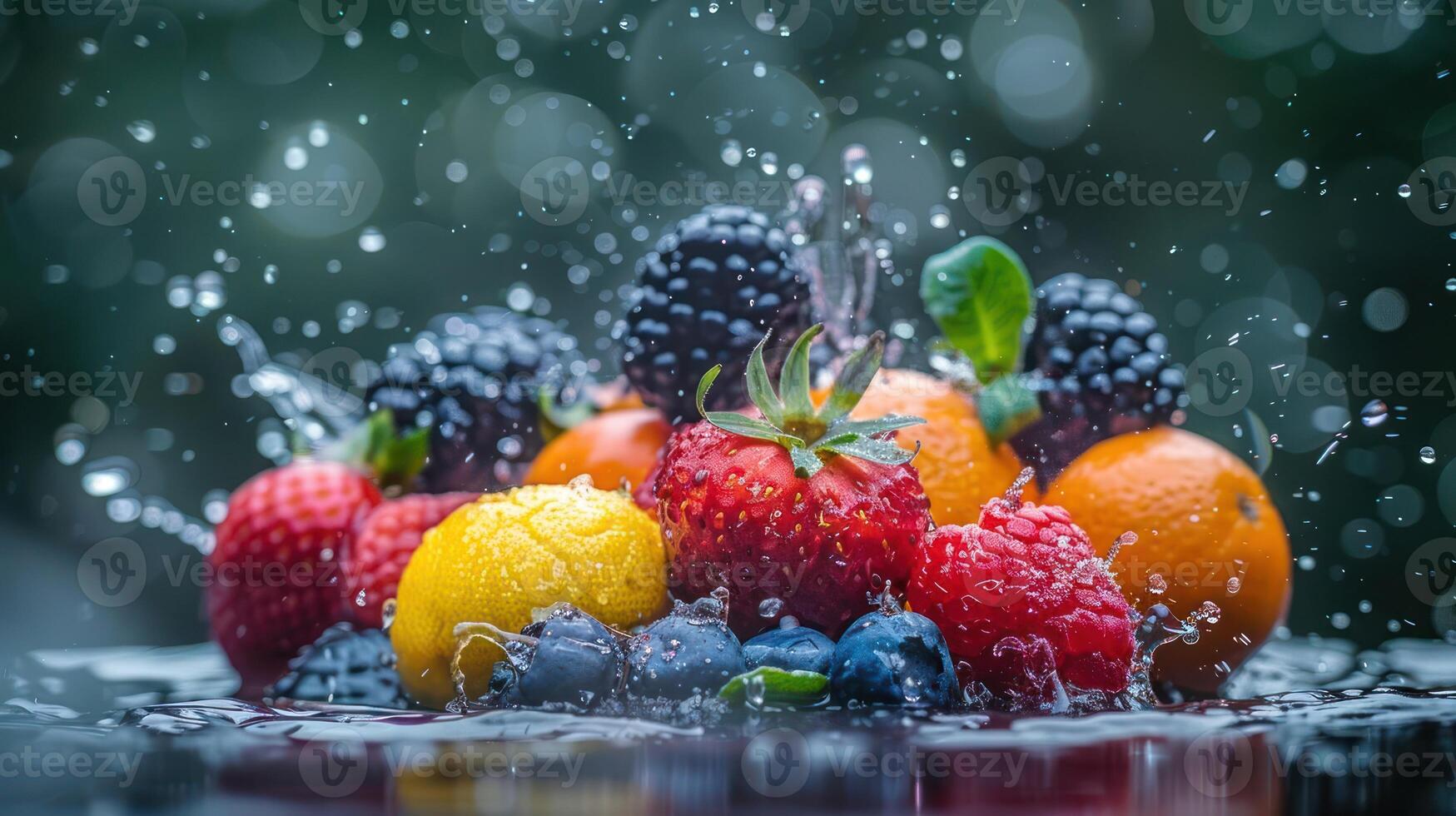A vibrant display of assorted fruits splashing in water, showcasing freshness and vitality. photo