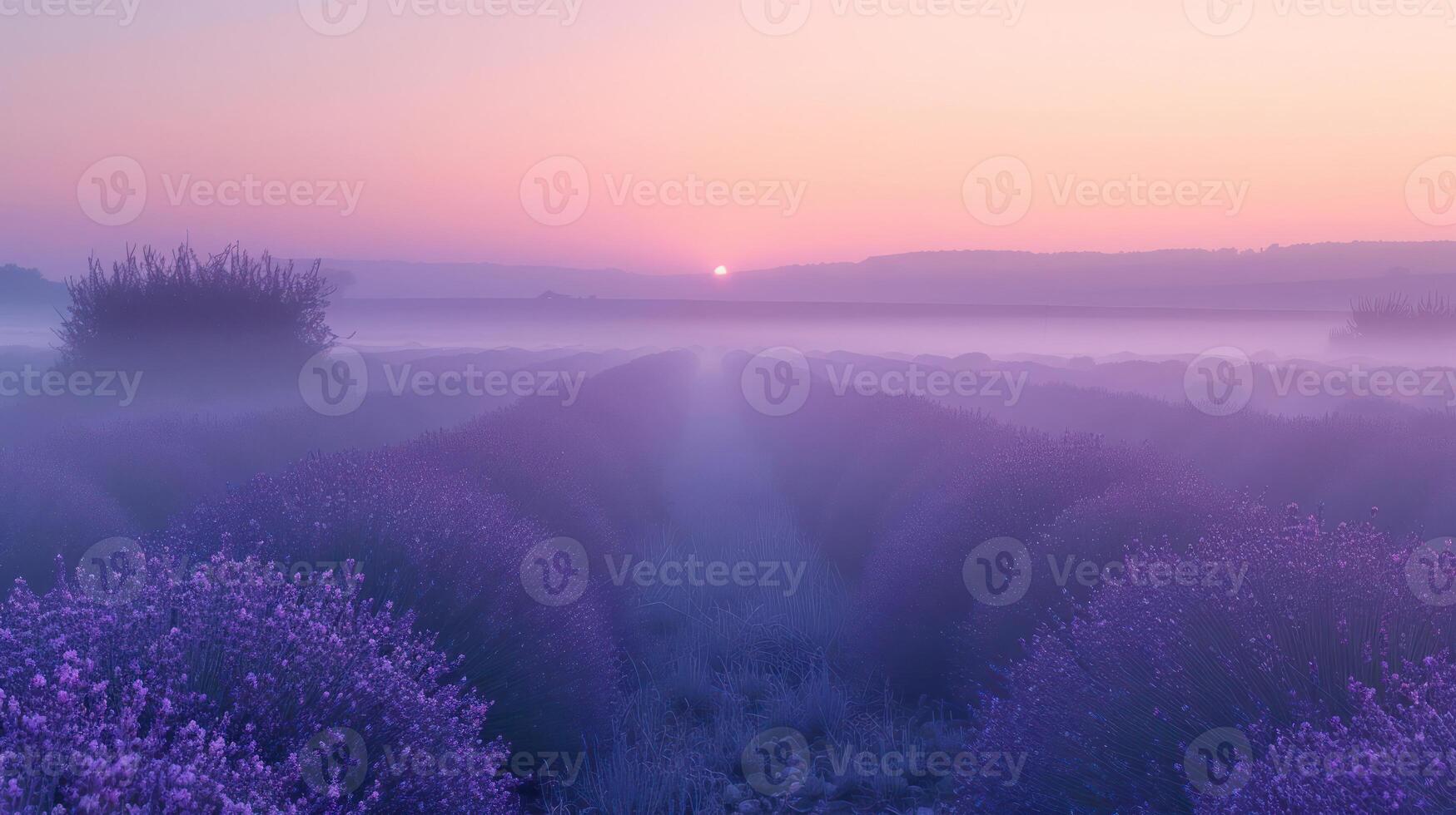 A serene lavender field at sunrise, enveloped in mist and soft hues. photo
