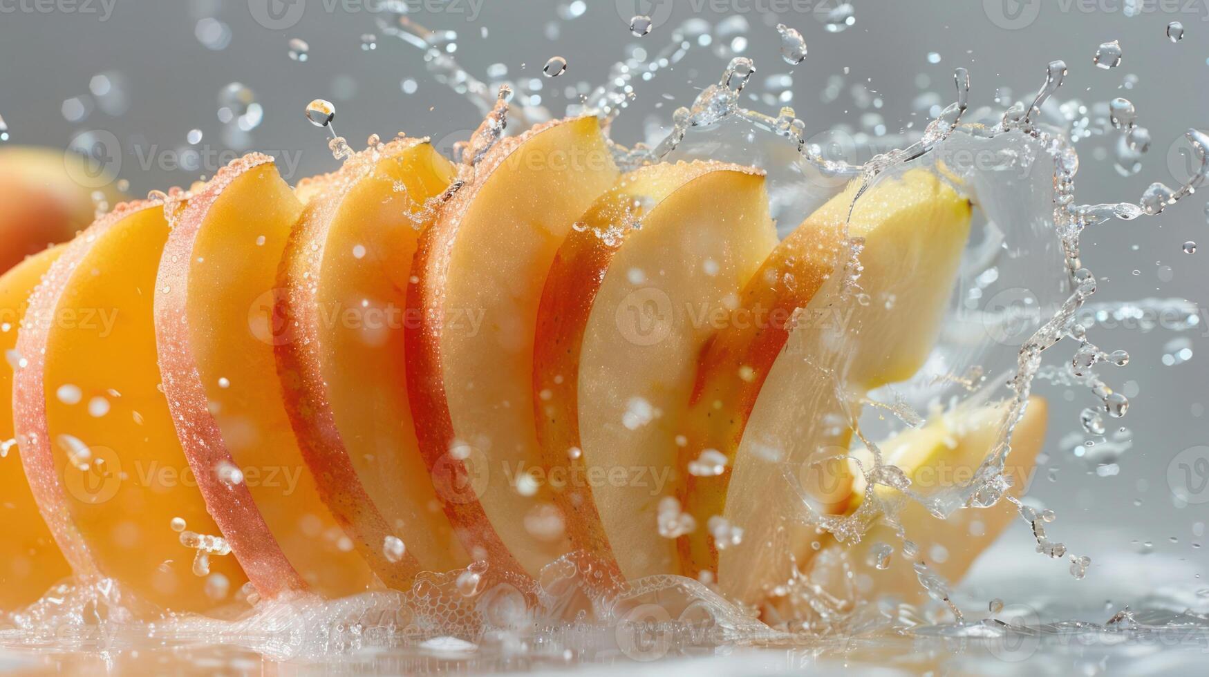 Sliced apples creating splashes in water, showcasing freshness and vitality. photo