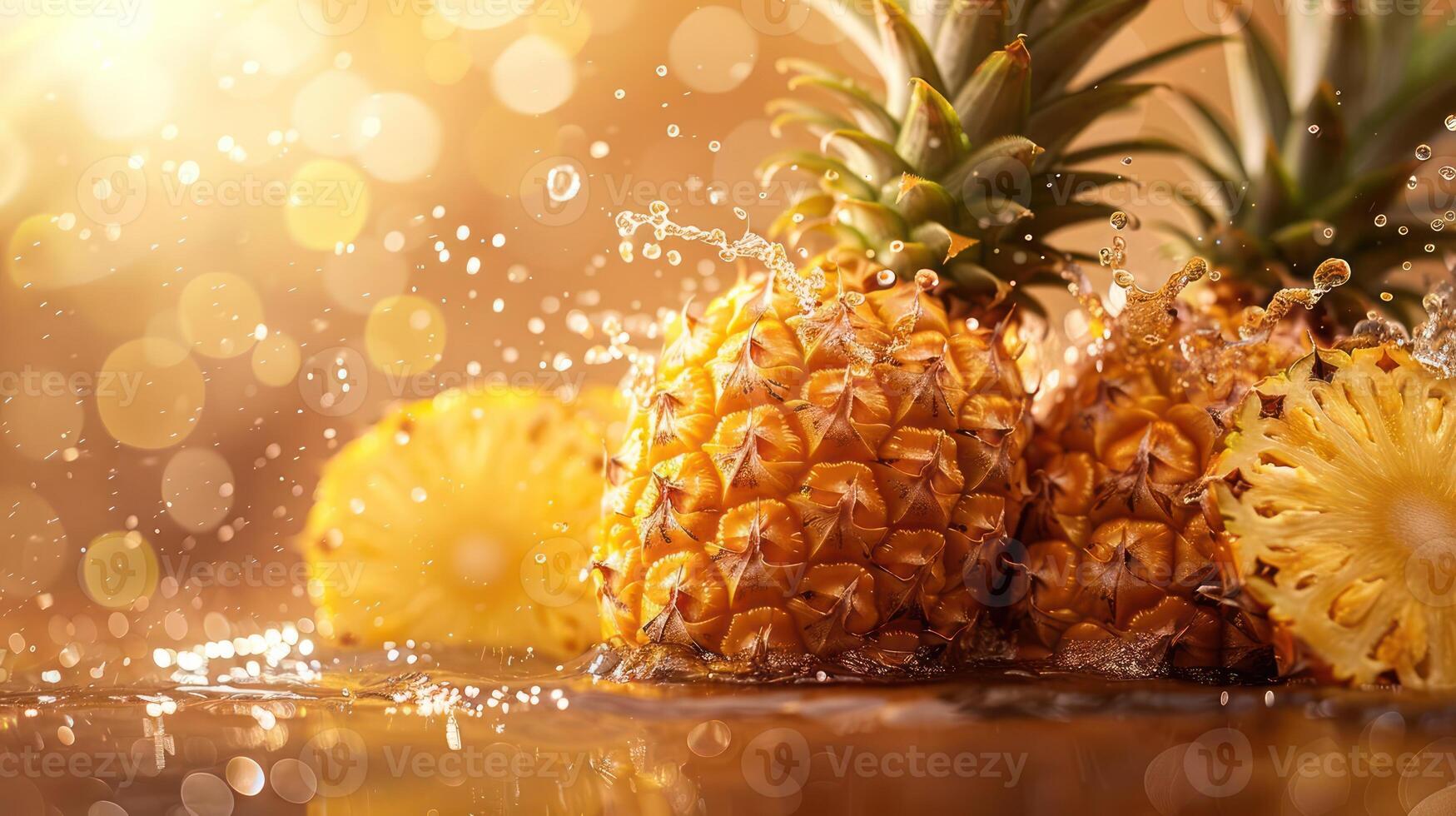 Fresh pineapples splashing in water with a warm, blurred background. photo
