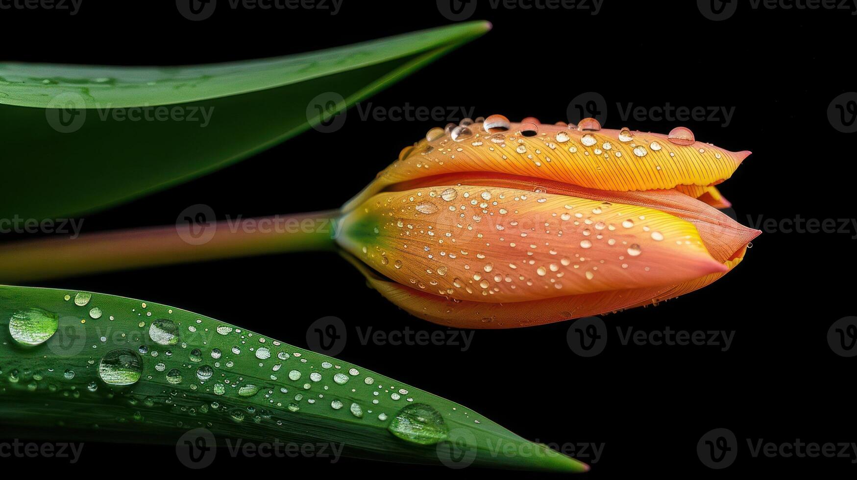 A close-up of a dew-covered orange tulip against a dark background. photo