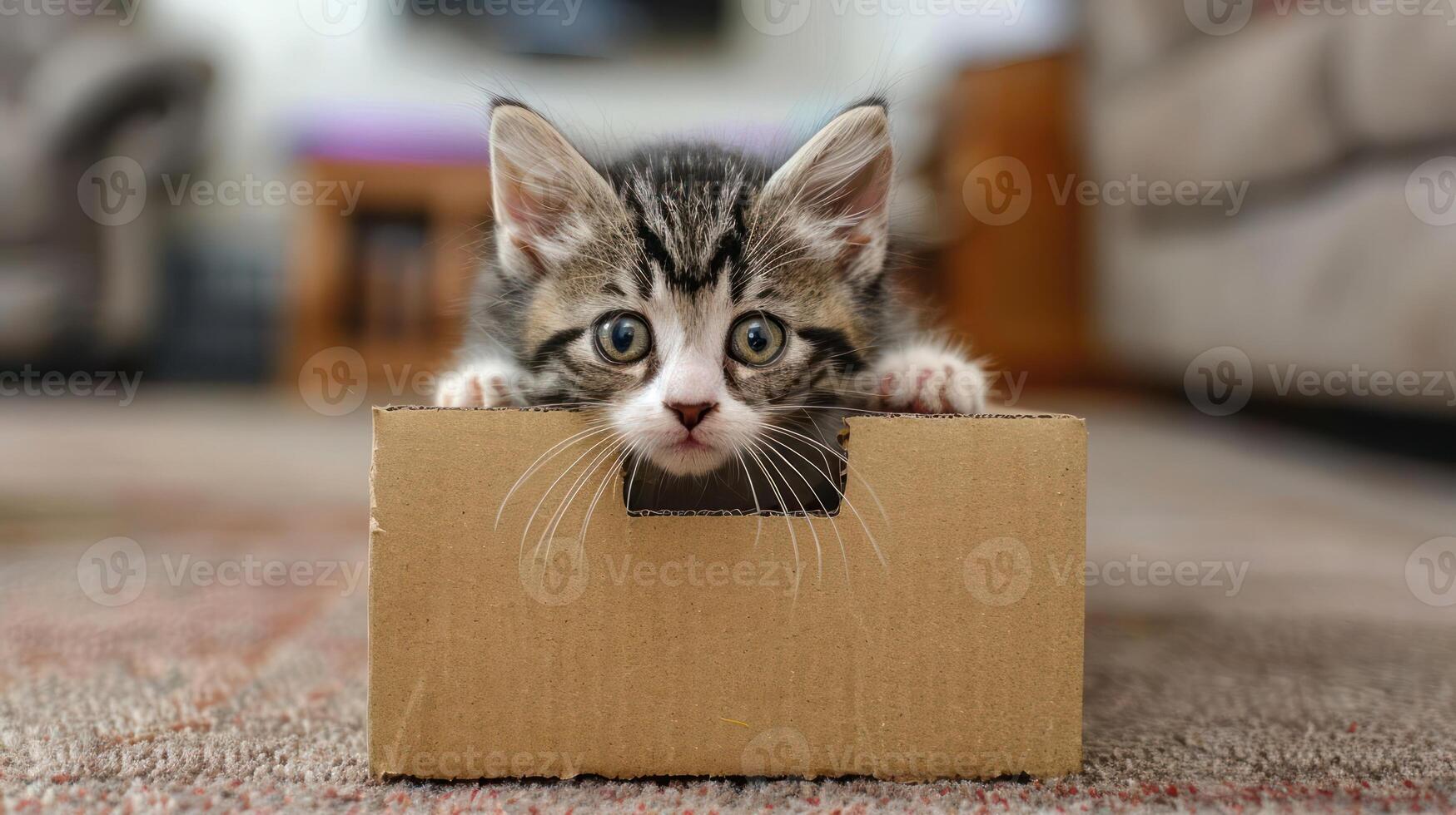 A curious kitten peeks out of a small cardboard box, showcasing playful innocence. photo