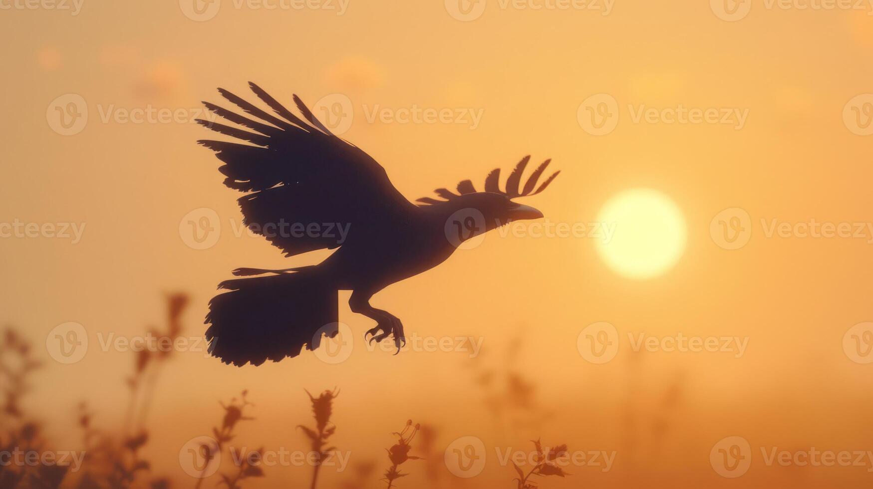 A silhouetted bird in flight against a vibrant sunset backdrop. photo