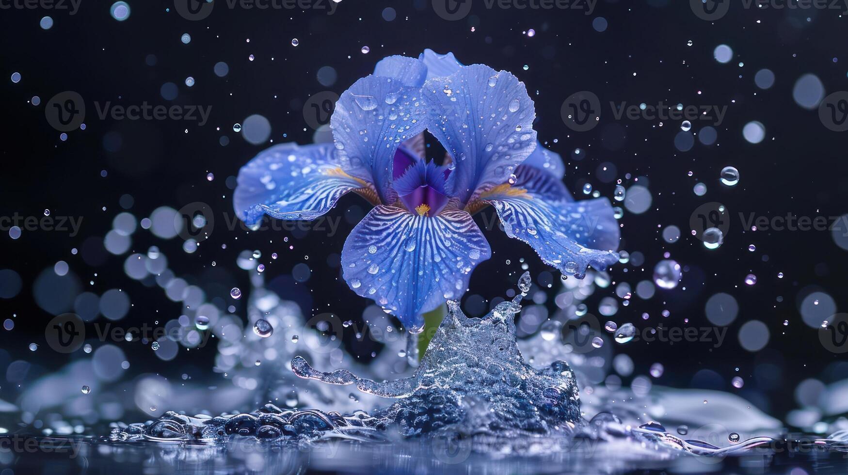 A vibrant blue iris flower surrounded by water droplets, creating a serene atmosphere. photo