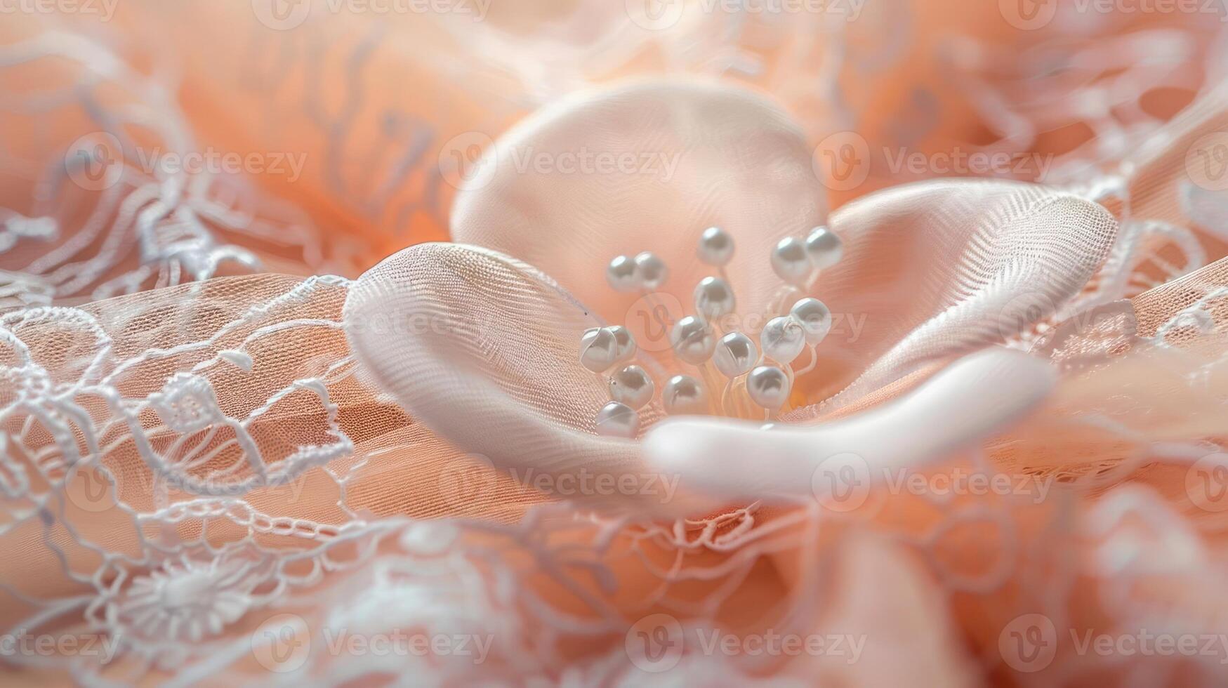 Close-up of a delicate fabric flower adorned with pearls on lace. photo