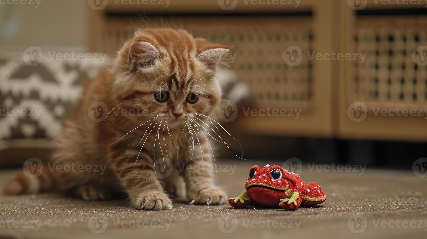 A curious kitten examines a colorful toy frog on a cozy floor. photo